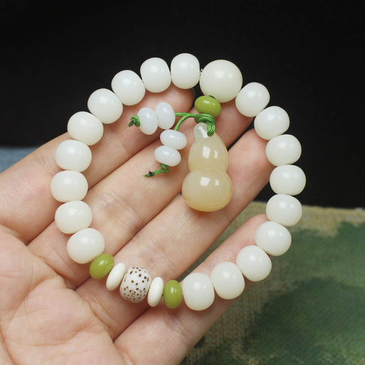 White Jade Apple Bead Bracelet – Gourd Pendant Design, Blessing Symbol