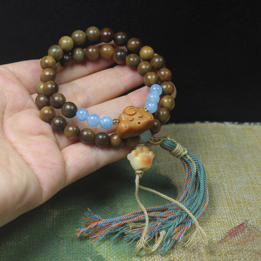 Green Sandalwood Double Loop Bracelet – Cloud & Blue Bead Tassel Design