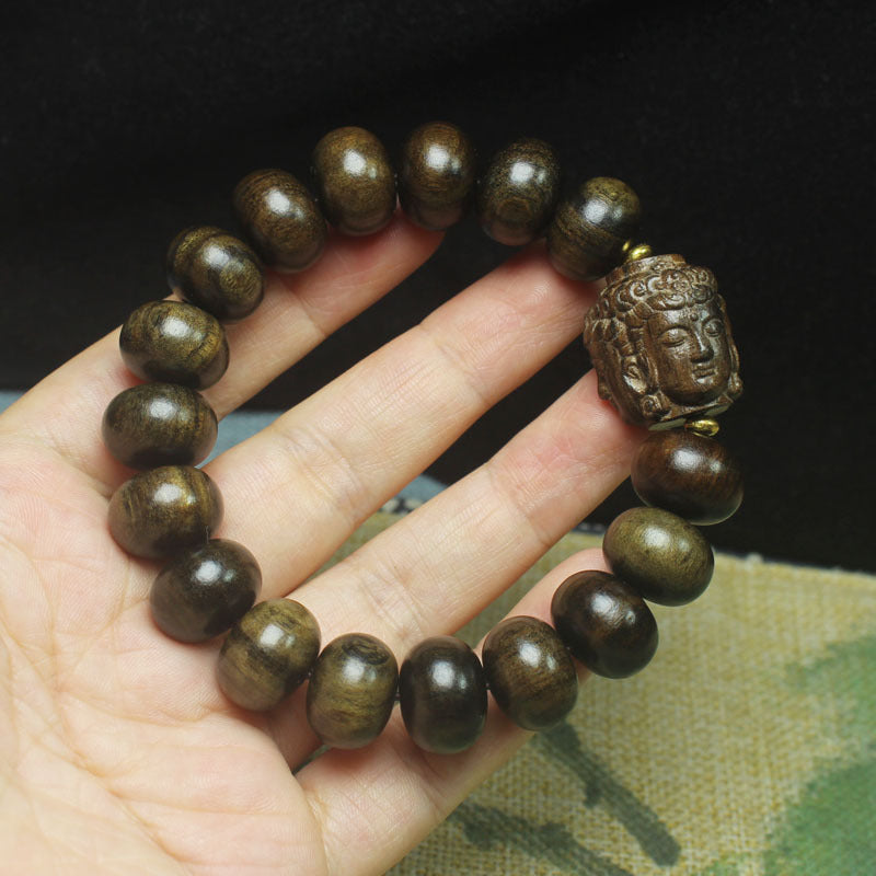 Aromatic Agarwood 15mm Bead Bracelet – Three-Faced Buddha Totem