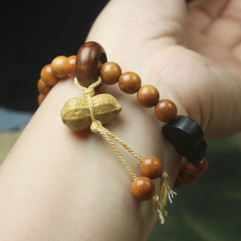 Peanut & Gourd Bracelet – Aromatic Wood Beads with Lucky Charms (Elastic Fit)