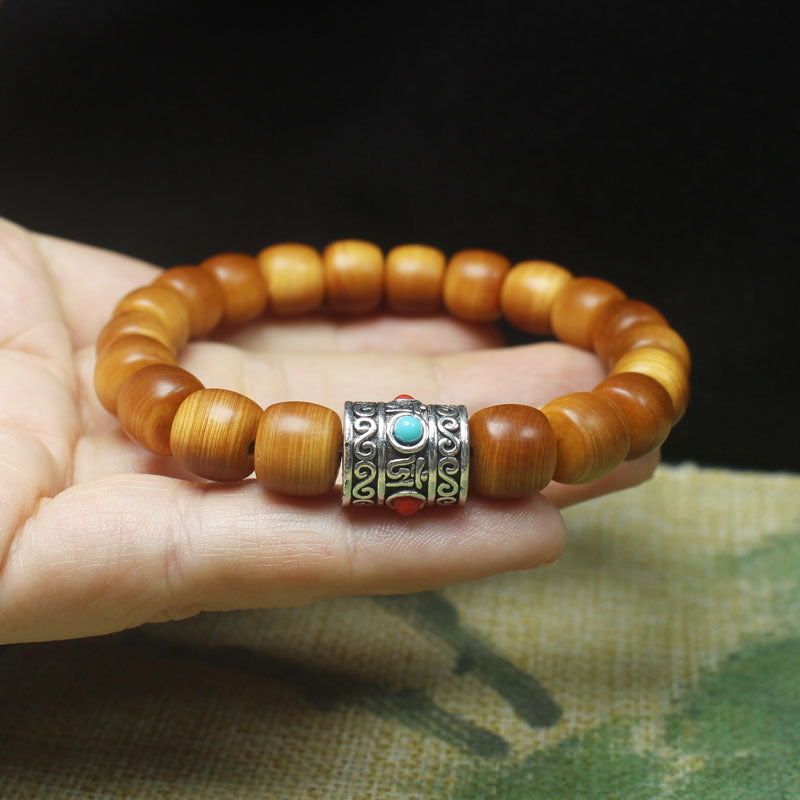 High-Oil Cypress Wood Bracelet – 10mm Beads with Tibetan Mantra Charm