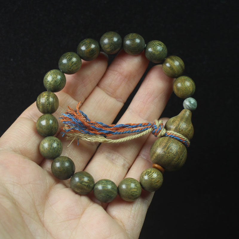 Green Sandalwood Bead Bracelet – 10mm with Gourd Charm & Colorful Tassel