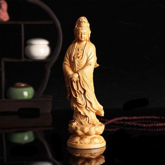 Sandalwood Guanyin Statue – Hand-Carved Standing Bodhisattva, Peaceful Blessing