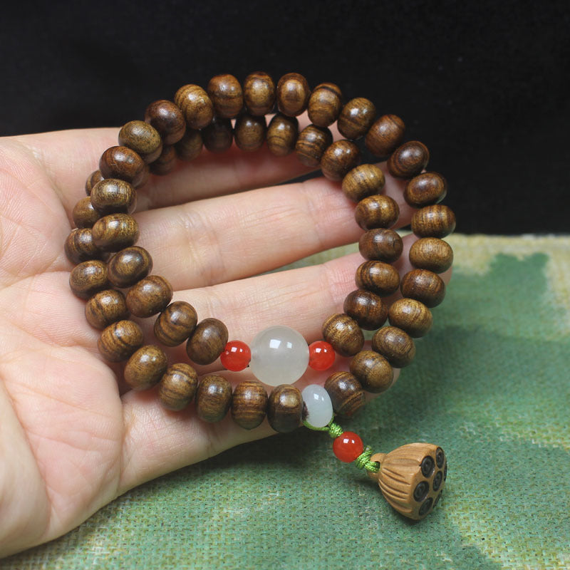 Double-Wrap Ebony Abacus Bead Bracelet – 9mm with Lotus Pod & Jade-Like Accents