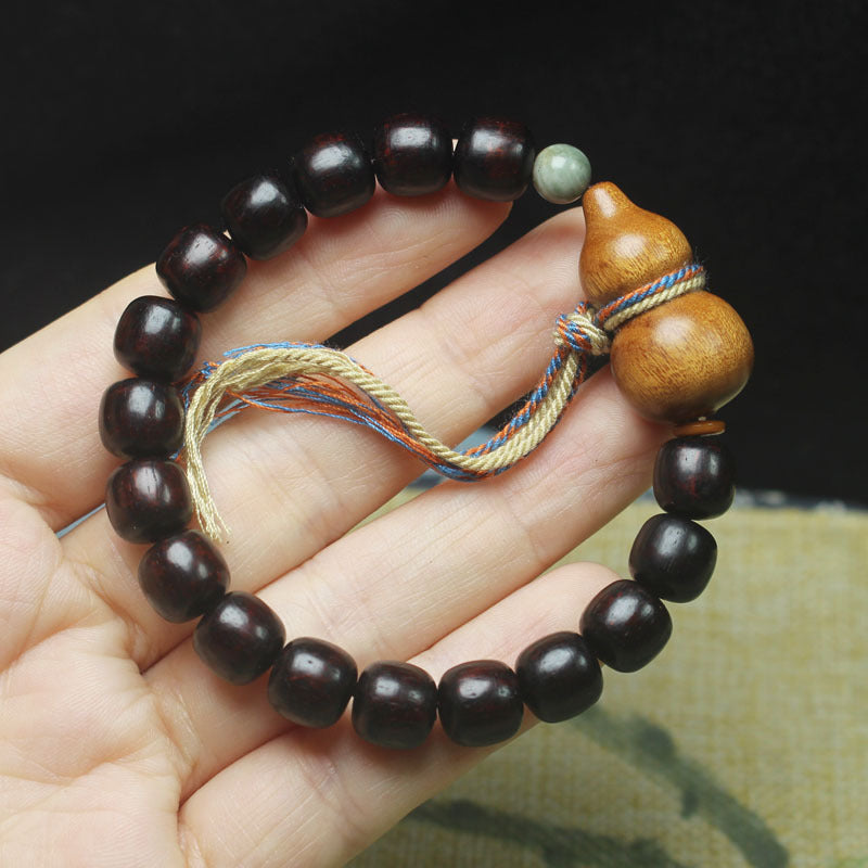 Dark Sandalwood-Style Bracelet – 9mm Beads with Pear Wood Gourd & Tassel