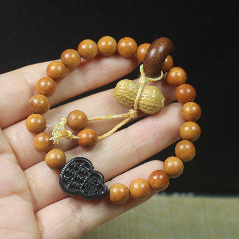 Peanut & Gourd Bracelet – Aromatic Wood Beads with Lucky Charms (Elastic Fit)