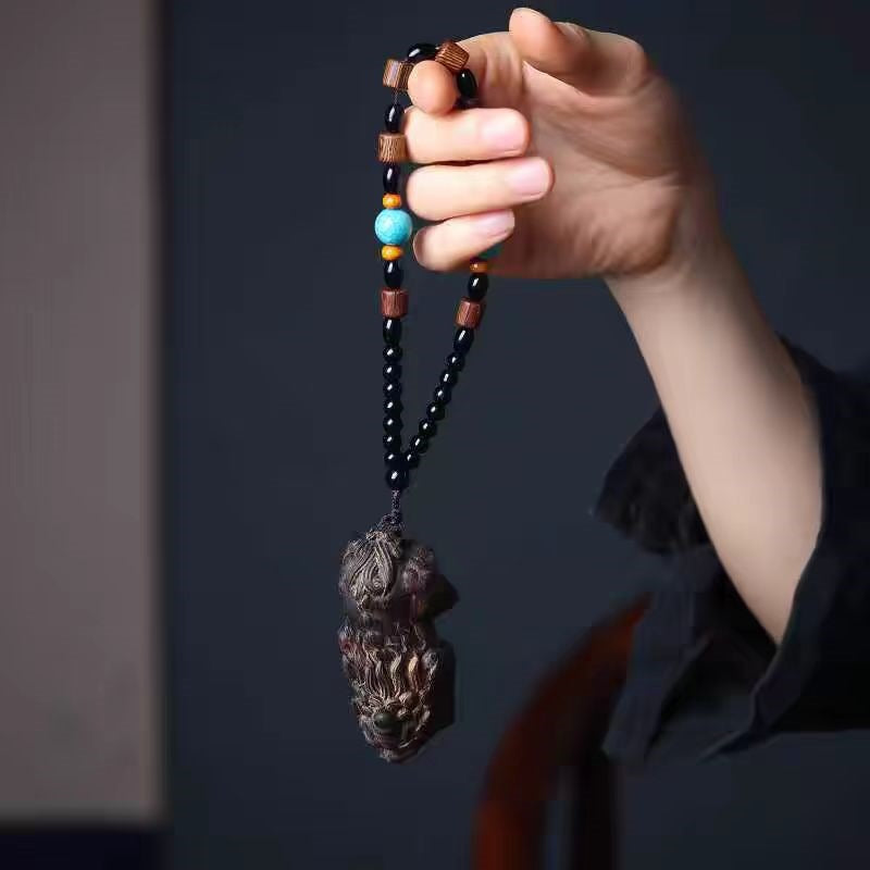Agarwood Carved Pixiu Pendant – One-Horned Wealth Beast, Dark Finish