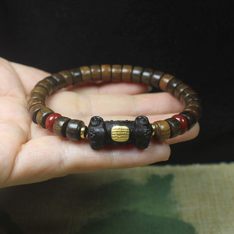 Chunky Wood Bead Bracelet – 8mm Thick Disc Beads with Ruyi Charm and Red Accents