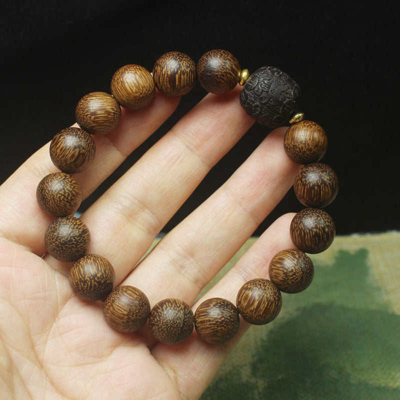 Agarwood Beaded Bracelet – 12mm Round Beads with Carved Pixiu Centerpiece
