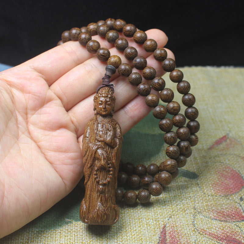 Agarwood Beaded Necklace – 8mm Round Beads with Carved Guanyin Pendant
