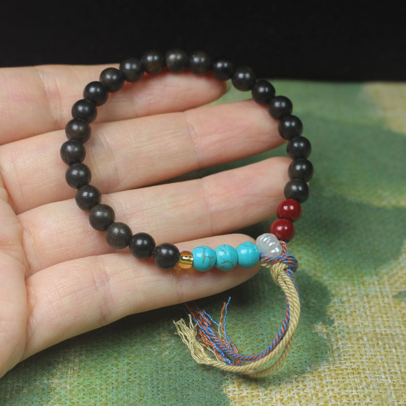 6mm Dark Wood Bracelet – Colored Accent Beads & Multicolor Tassel, Elastic Fit