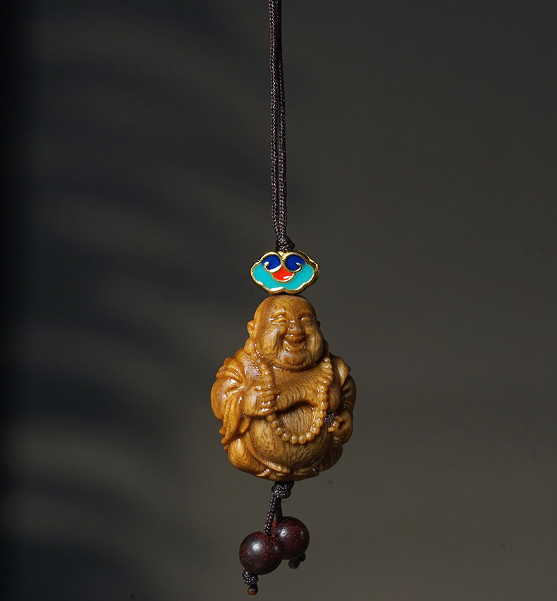 Handcarved Green Sandalwood Maitreya Buddha Charm – 2x3cm Pendant