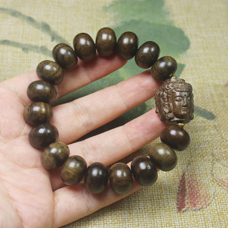 Aromatic Agarwood 15mm Bead Bracelet – Three-Faced Buddha Totem