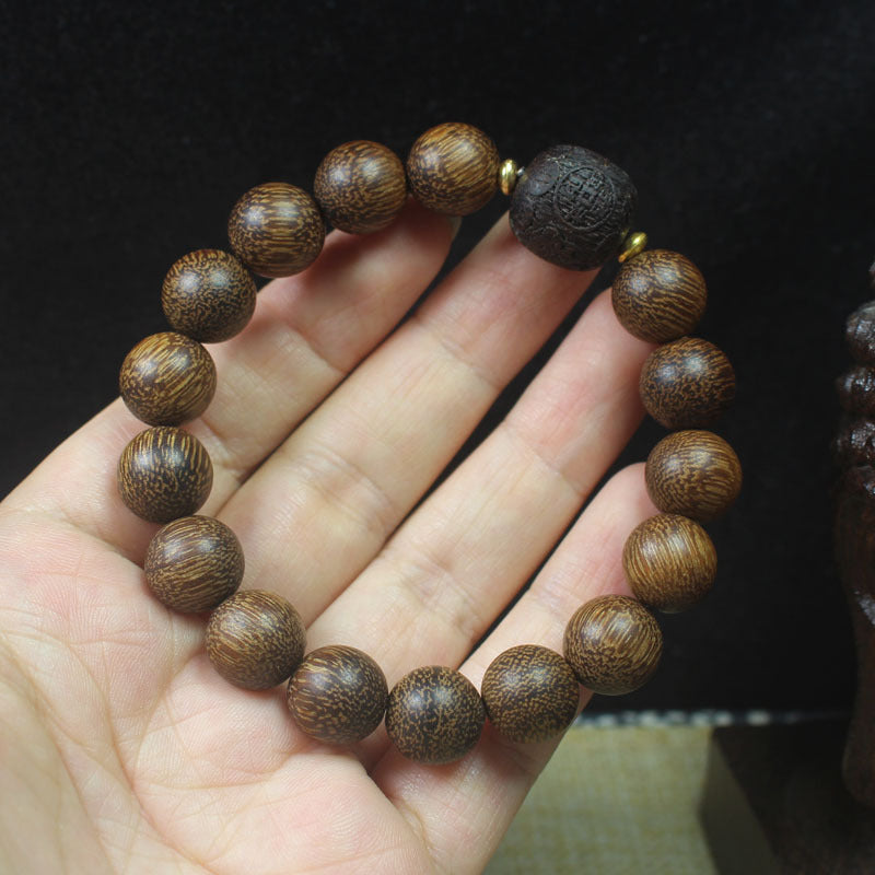 Agarwood Beaded Bracelet – 12mm Round Beads with Carved Pixiu Centerpiece