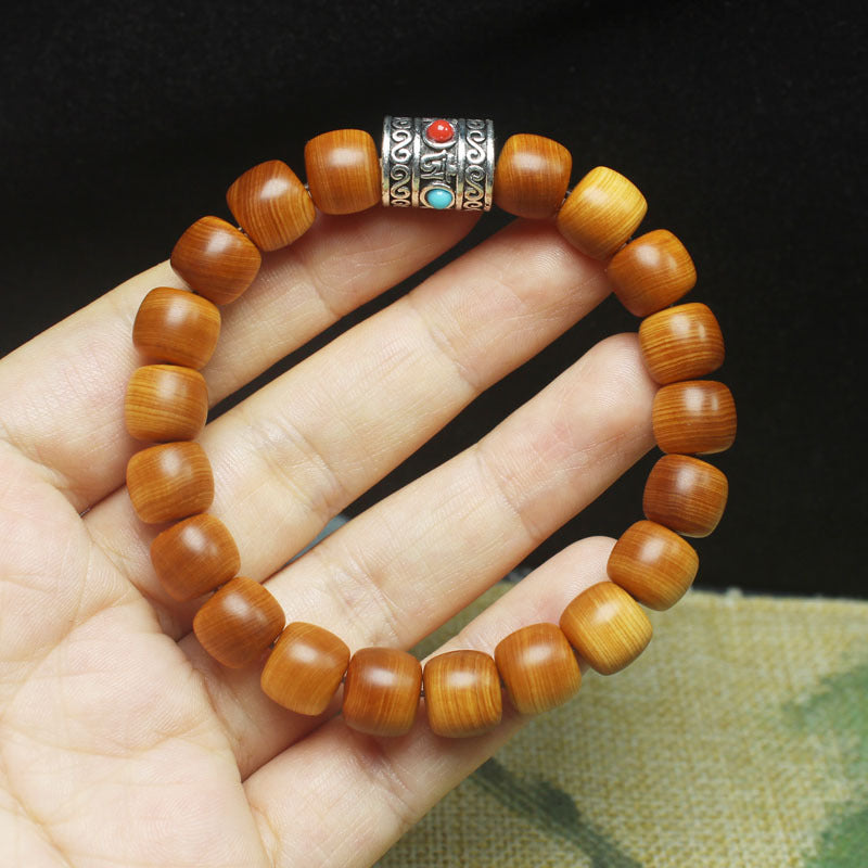 High-Oil Cypress Wood Bracelet – 10mm Beads with Tibetan Mantra Charm