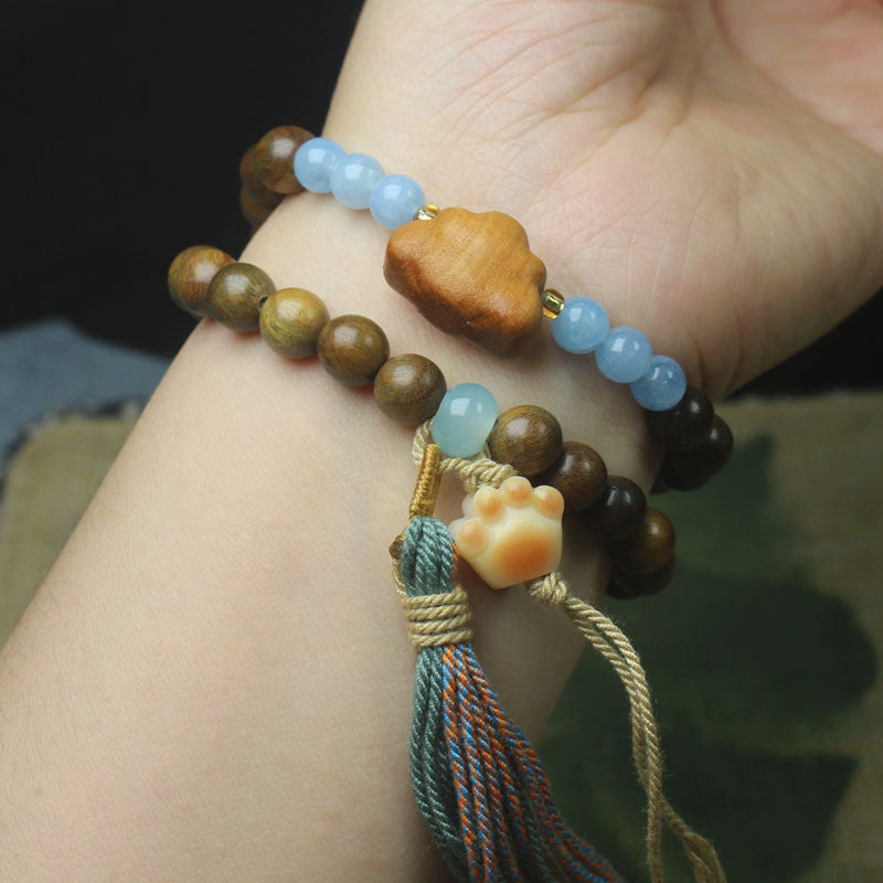 Green Sandalwood Double Loop Bracelet – Cloud & Blue Bead Tassel Design