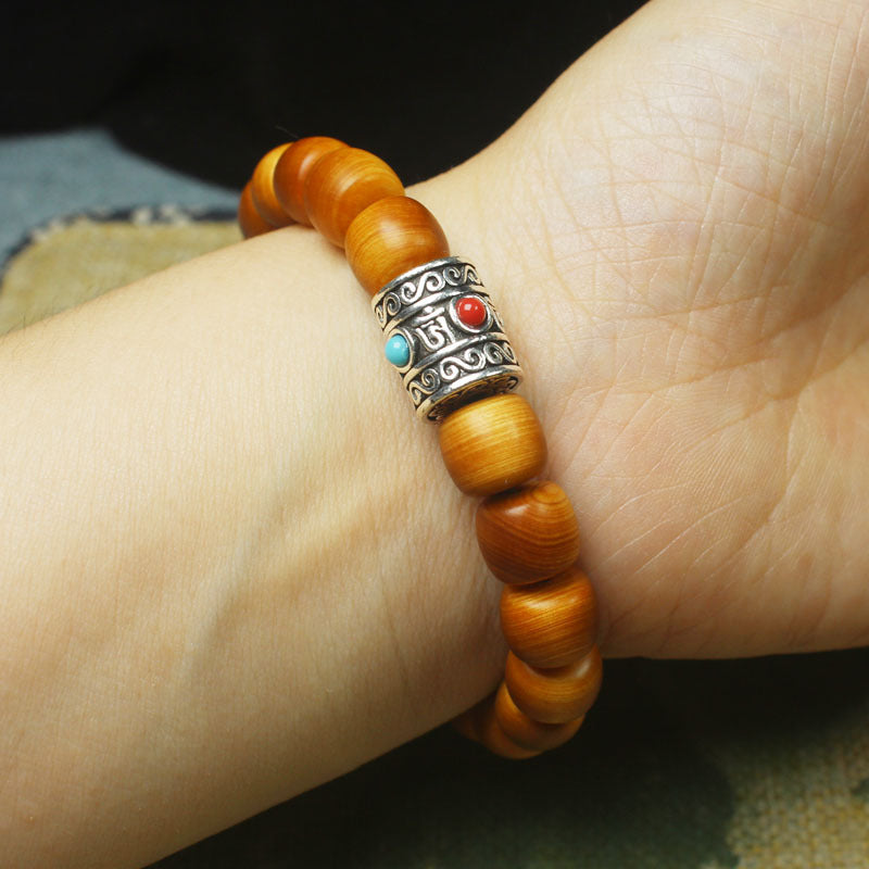 High-Oil Cypress Wood Bracelet – 10mm Beads with Tibetan Mantra Charm