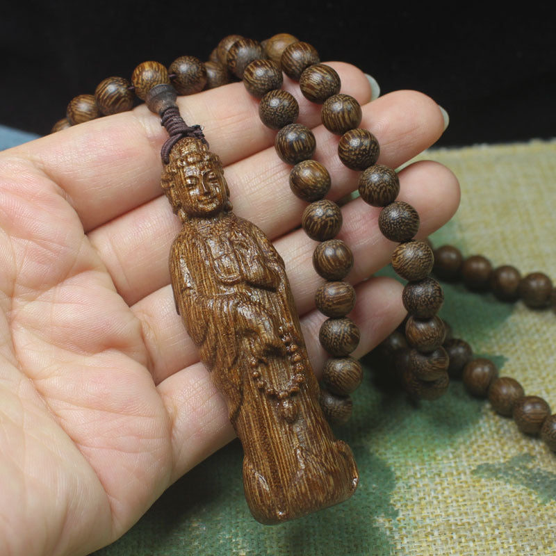 Agarwood Beaded Necklace – 8mm Round Beads with Carved Guanyin Pendant