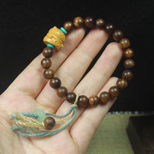 Ebony-Style Bracelet with Lucky Cat Charm – 8mm Beads, Tassel Accent