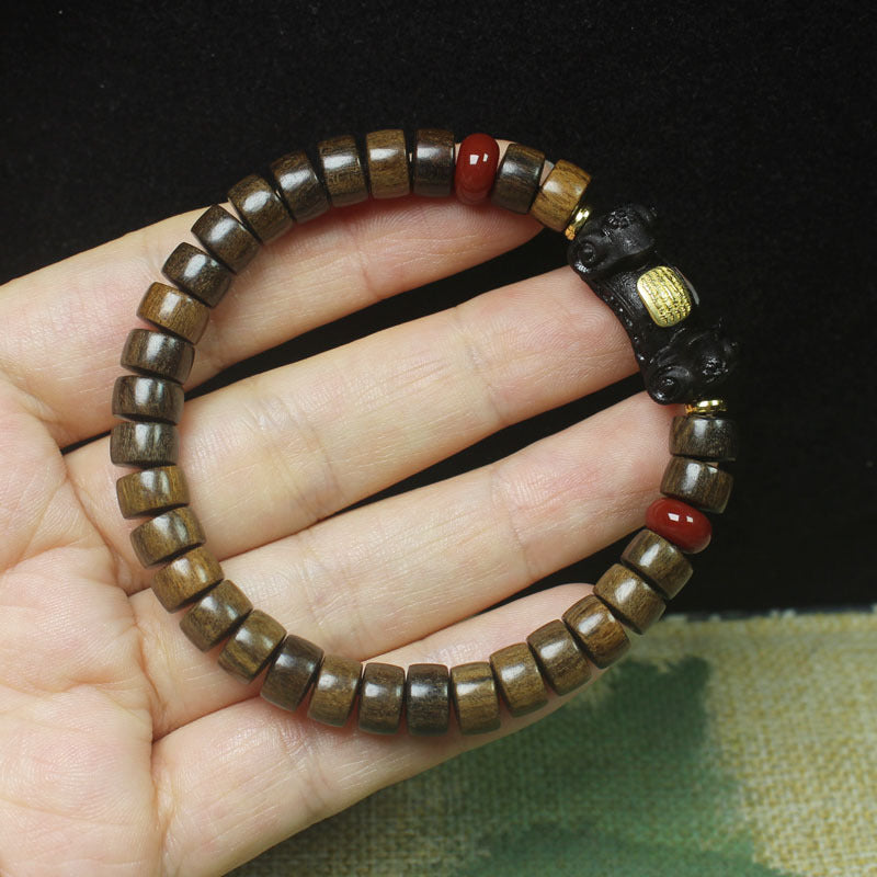 Chunky Wood Bead Bracelet – 8mm Thick Disc Beads with Ruyi Charm and Red Accents