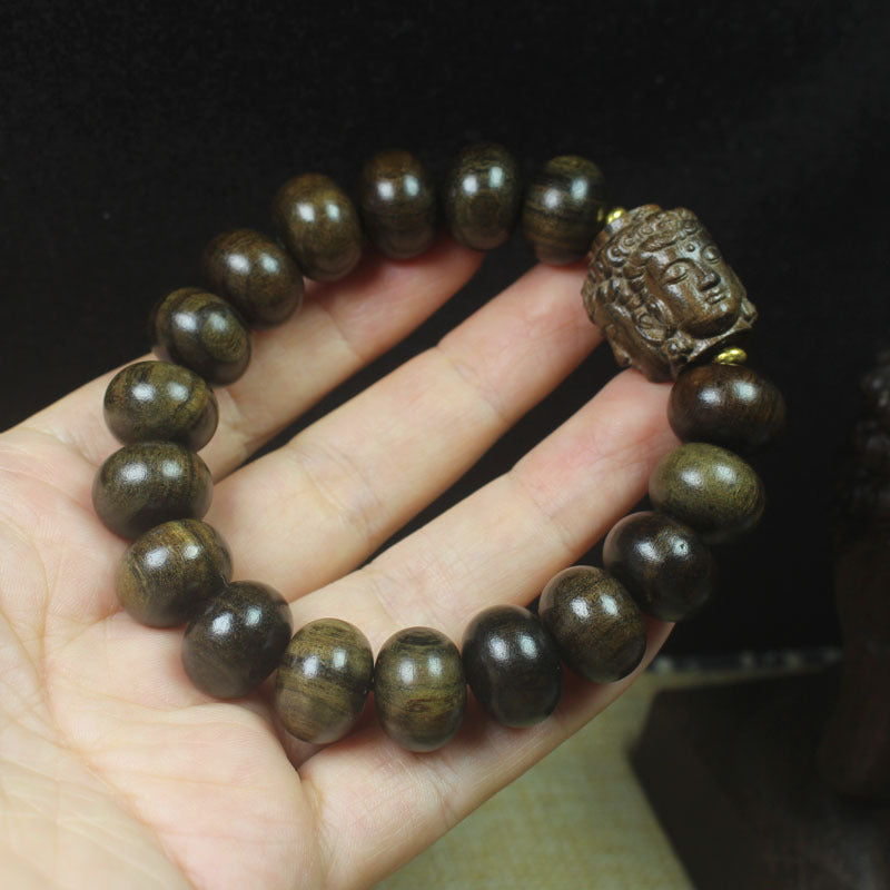 Aromatic Agarwood 15mm Bead Bracelet – Three-Faced Buddha Totem
