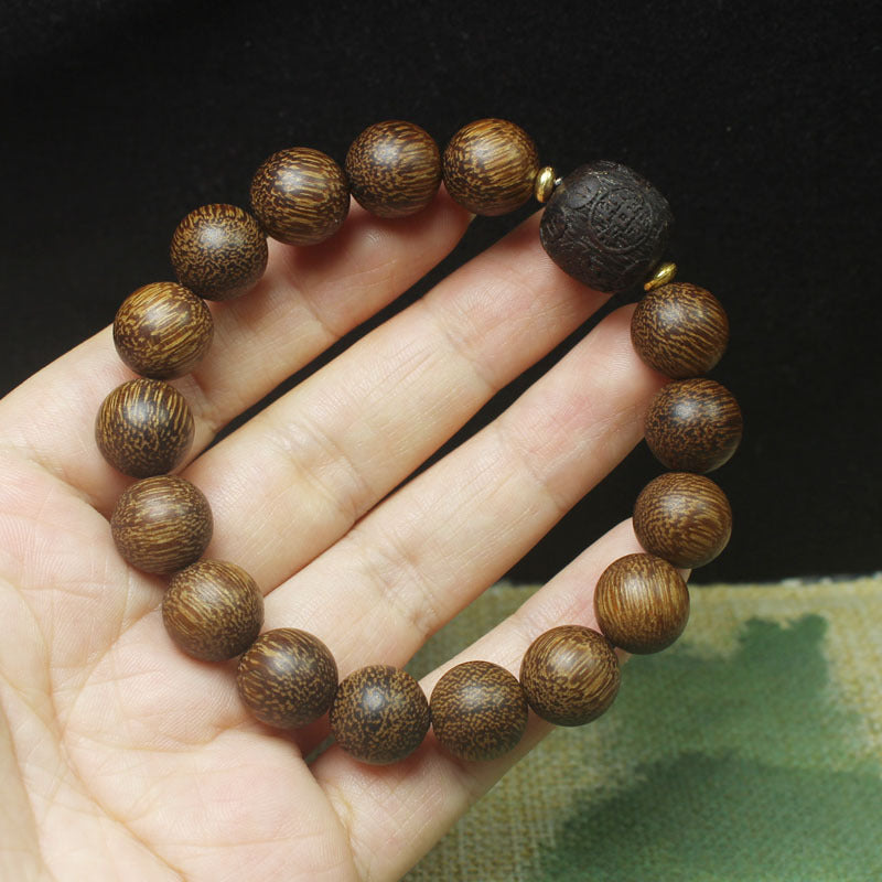 Agarwood Beaded Bracelet – 12mm Round Beads with Carved Pixiu Centerpiece