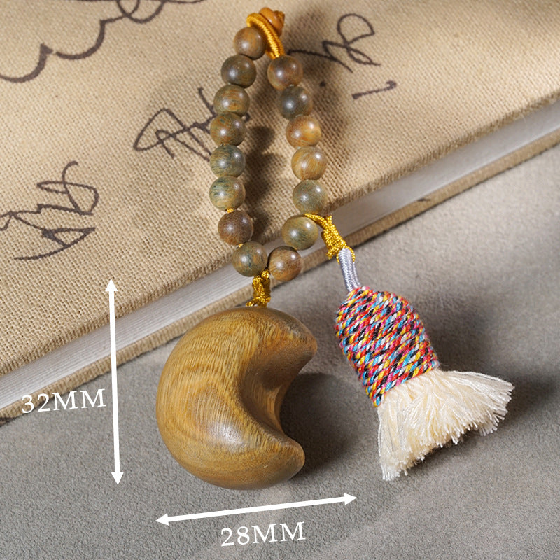 Handcrafted Green Sandalwood Charms – Star & Moon Tassel Keychain