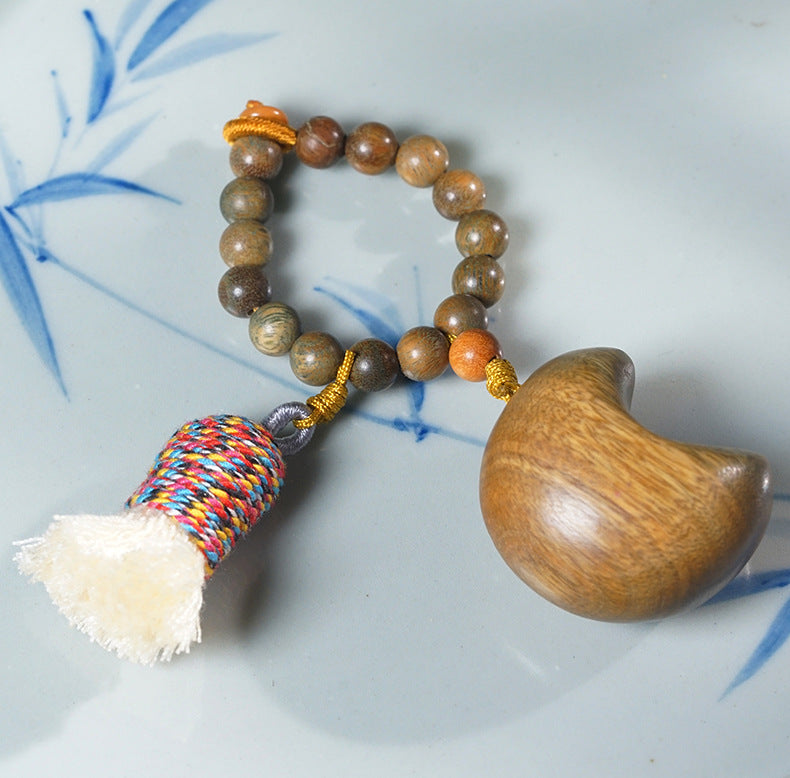 Handcrafted Green Sandalwood Charms – Star & Moon Tassel Keychain