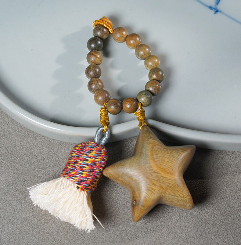 Handcrafted Green Sandalwood Charms – Star & Moon Tassel Keychain