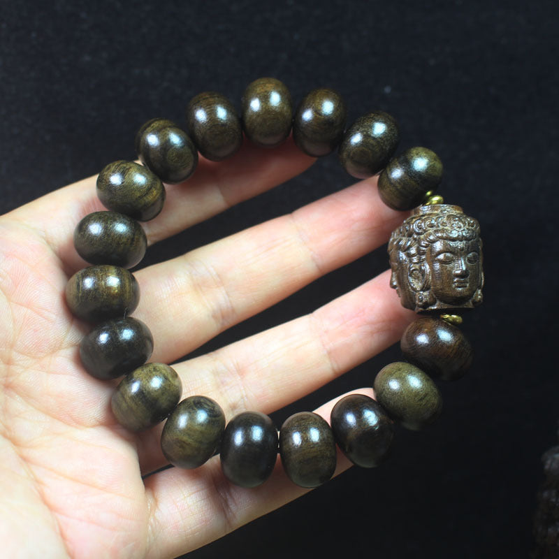 Aromatic Agarwood 15mm Bead Bracelet – Three-Faced Buddha Totem