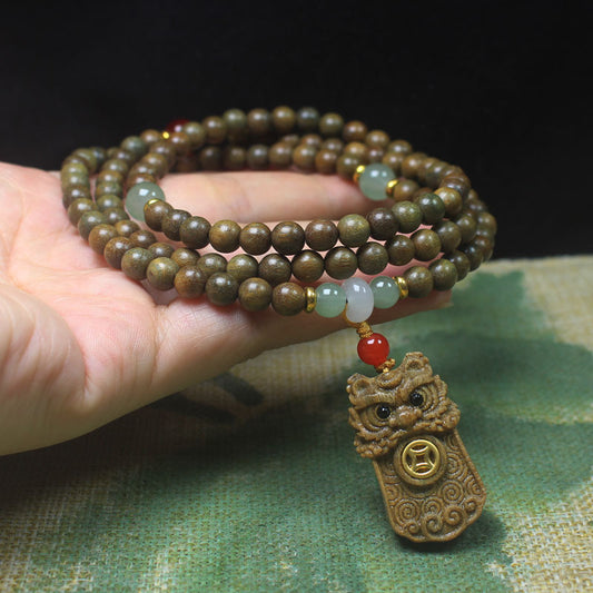 Green Sandalwood 6mm Multi-Layer Bracelet – Lion Talisman Pendant for Blessings and Courage