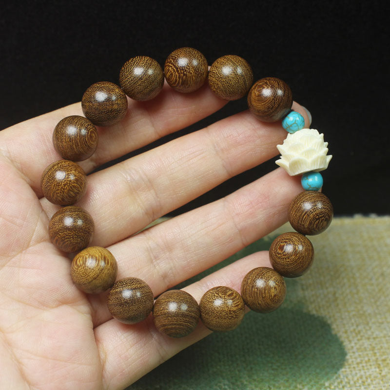 Gold Sandalwood Lotus Bracelet – 12mm Beads with White Lotus & Turquoise Accents