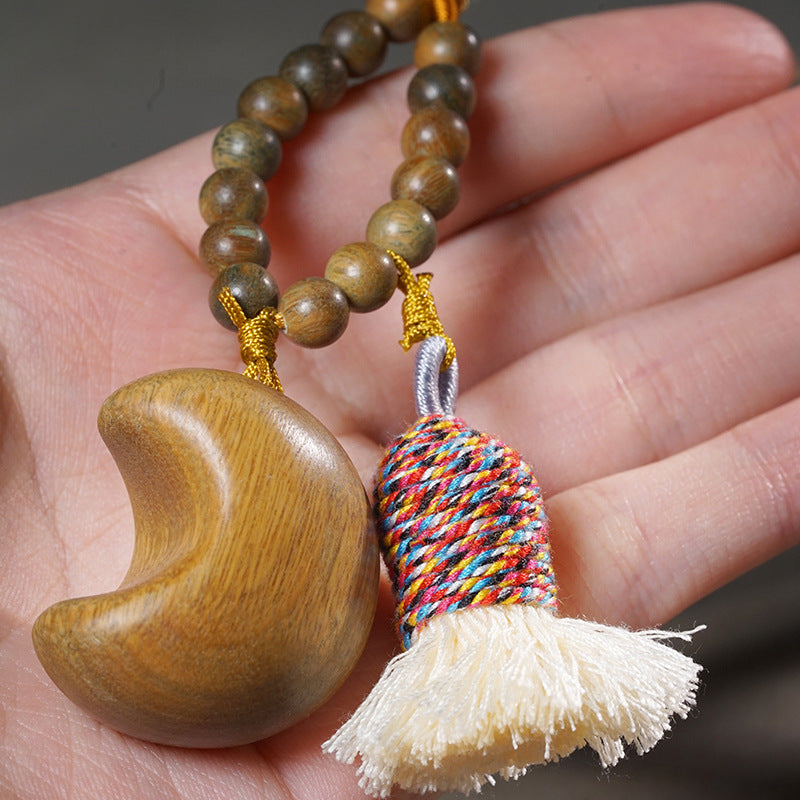 Handcrafted Green Sandalwood Charms – Star & Moon Tassel Keychain