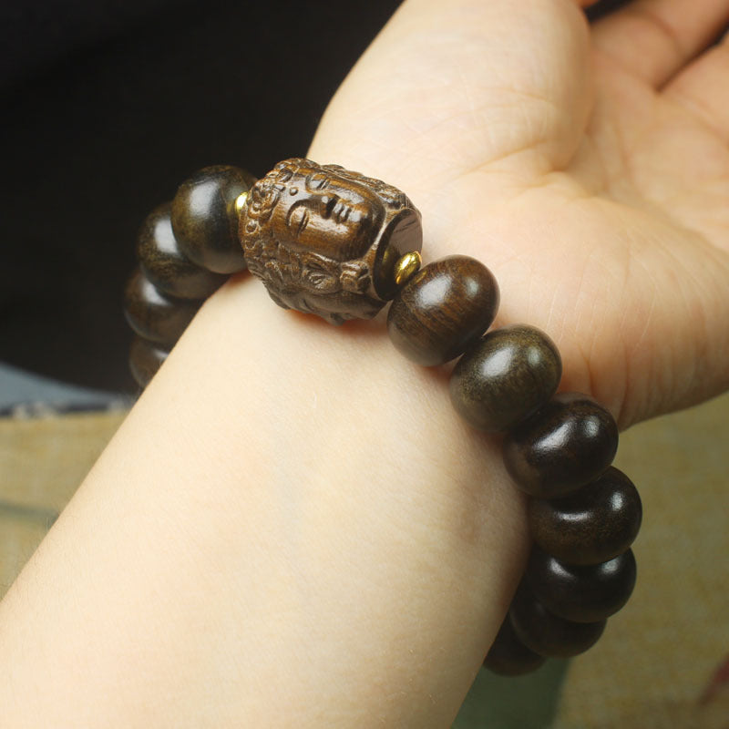 Aromatic Agarwood 15mm Bead Bracelet – Three-Faced Buddha Totem