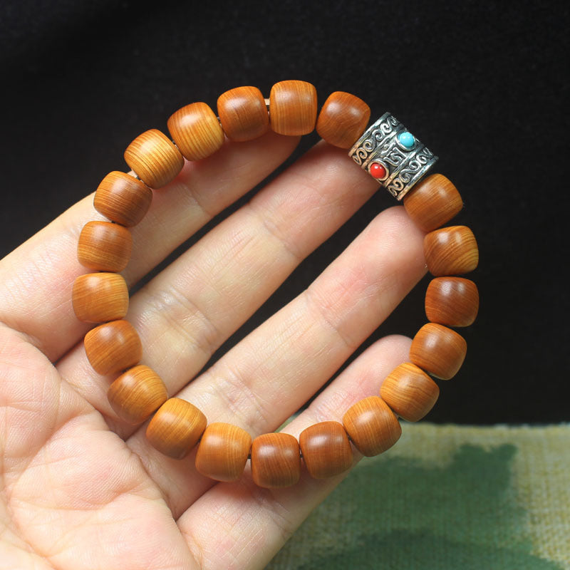 High-Oil Cypress Wood Bracelet – 10mm Beads with Tibetan Mantra Charm