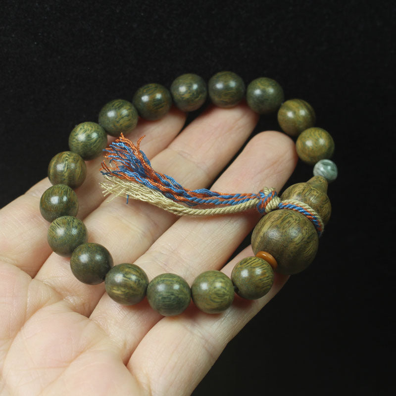 Green Sandalwood Bead Bracelet – 10mm with Gourd Charm & Colorful Tassel