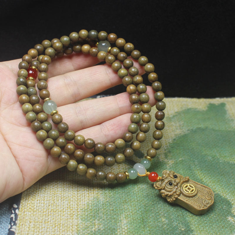 Green Sandalwood 6mm Multi-Layer Bracelet – Lion Talisman Pendant for Blessings and Courage