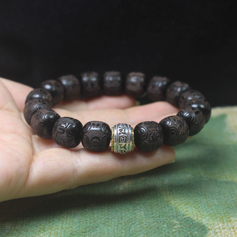 Engraved Ebony Bracelet – 12mm Six-Word Mantra Beads with Silver-Tone Accent