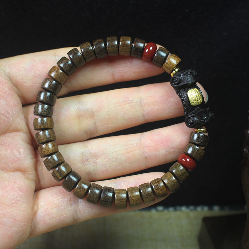 Chunky Wood Bead Bracelet – 8mm Thick Disc Beads with Ruyi Charm and Red Accents