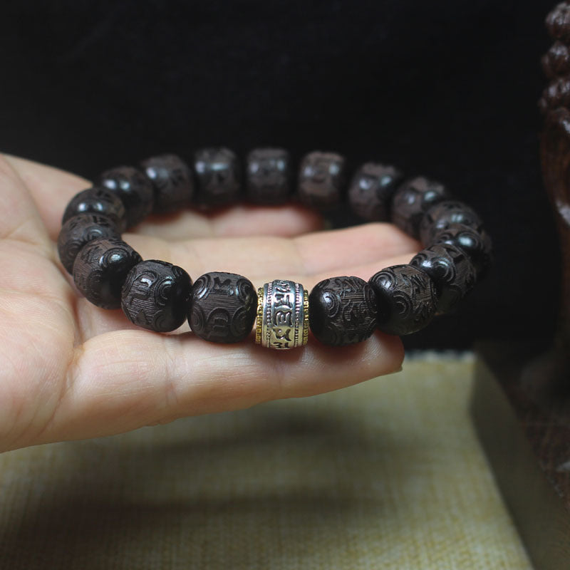 Engraved Ebony Bracelet – 12mm Six-Word Mantra Beads with Silver-Tone Accent