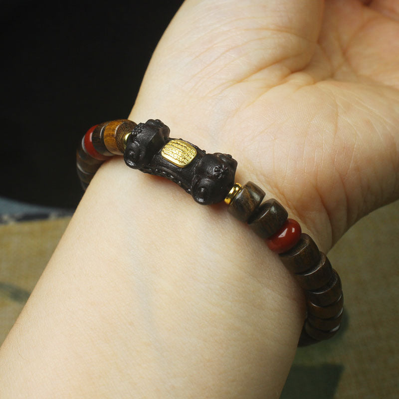 Chunky Wood Bead Bracelet – 8mm Thick Disc Beads with Ruyi Charm and Red Accents