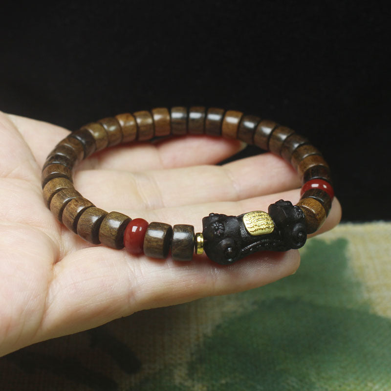 Chunky Wood Bead Bracelet – 8mm Thick Disc Beads with Ruyi Charm and Red Accents