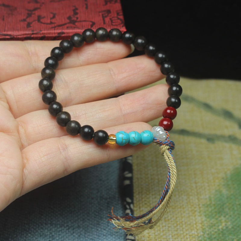 6mm Dark Wood Bracelet – Colored Accent Beads & Multicolor Tassel, Elastic Fit