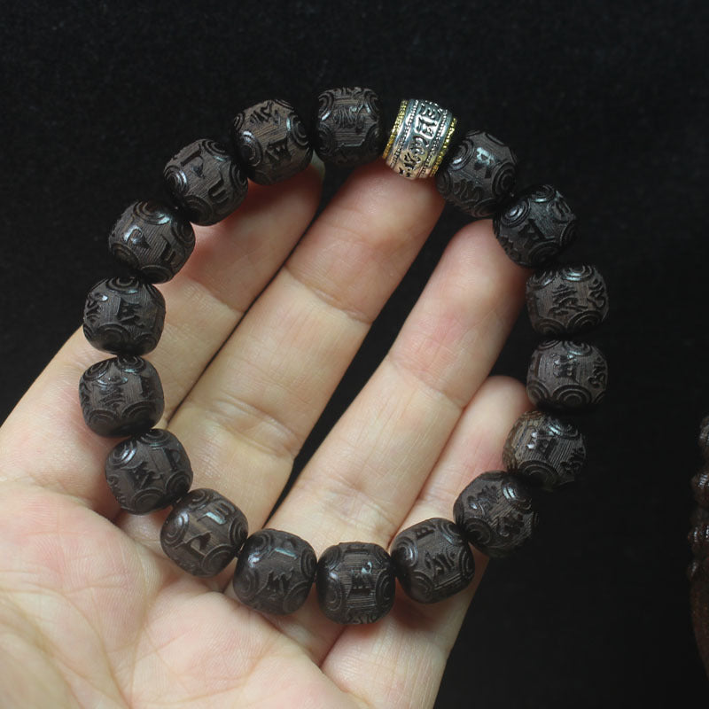 Engraved Ebony Bracelet – 12mm Six-Word Mantra Beads with Silver-Tone Accent