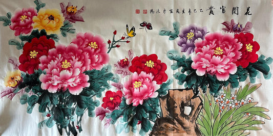 Hand-Painted Peony Painting “Blooming Wealth & Harmony” on Xuan Paper | Chinese Ink Art | 54×27 in Original