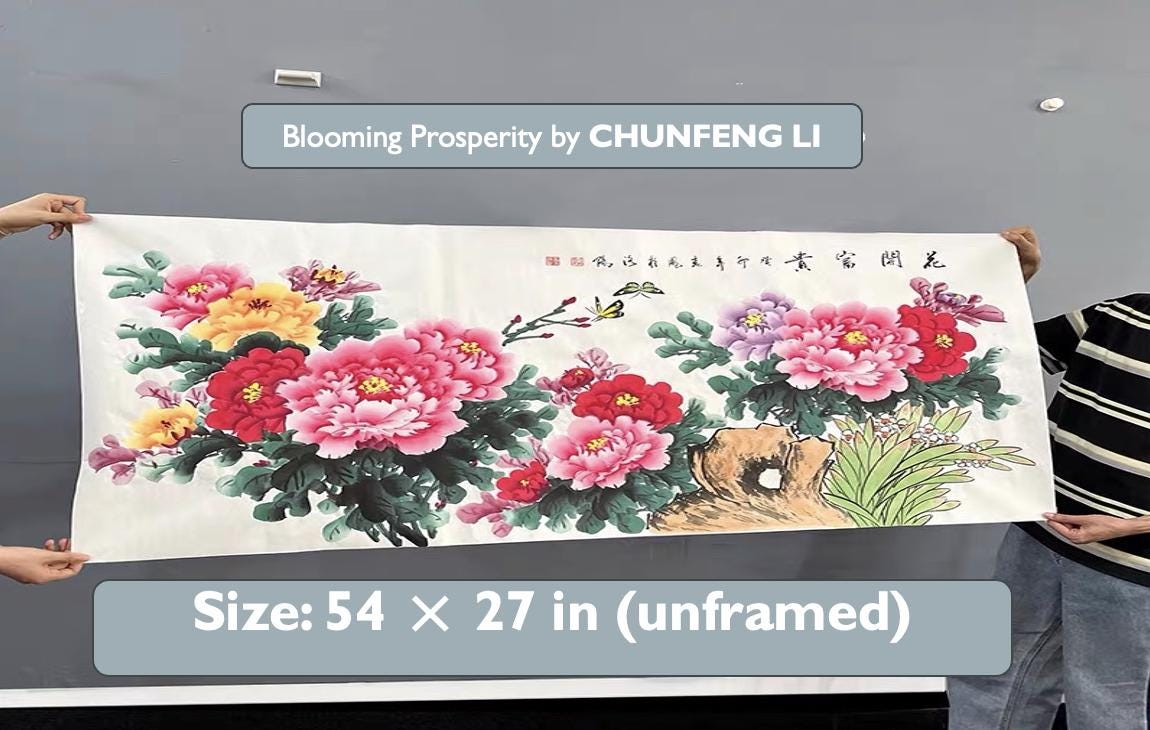 Hand-Painted Peony Painting “Blooming Wealth & Harmony” on Xuan Paper | Chinese Ink Art | 54×27 in Original