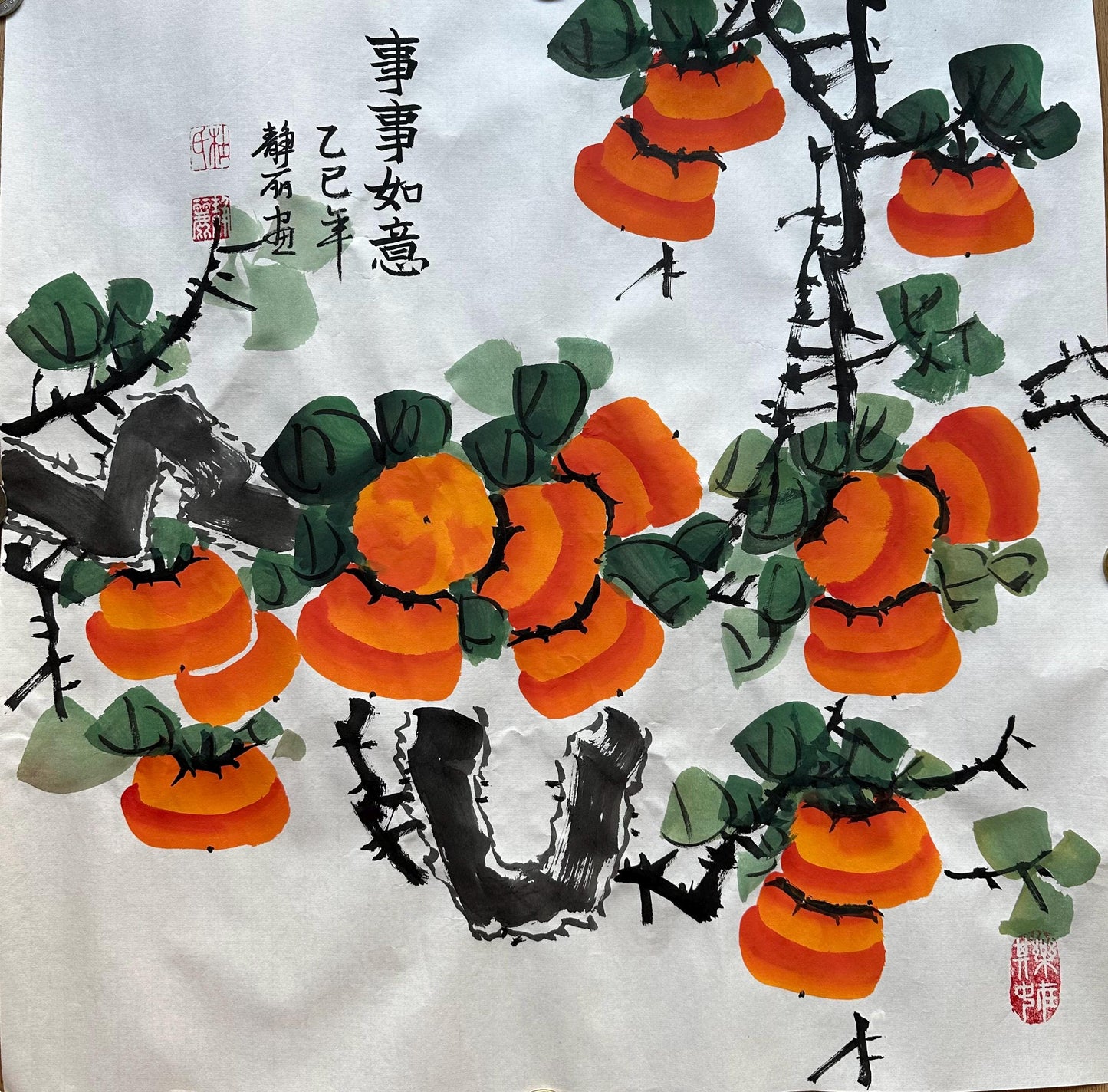 Hand-Painted Persimmon Painting “Everything Goes Well” on Xuan Paper | Chinese Ink Art | 20×20 in Original