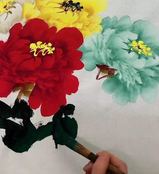 Hand-Painted Peony Painting “Blooming Prosperity” on Xuan Paper | Chinese Ink Art | 27×27 in Original