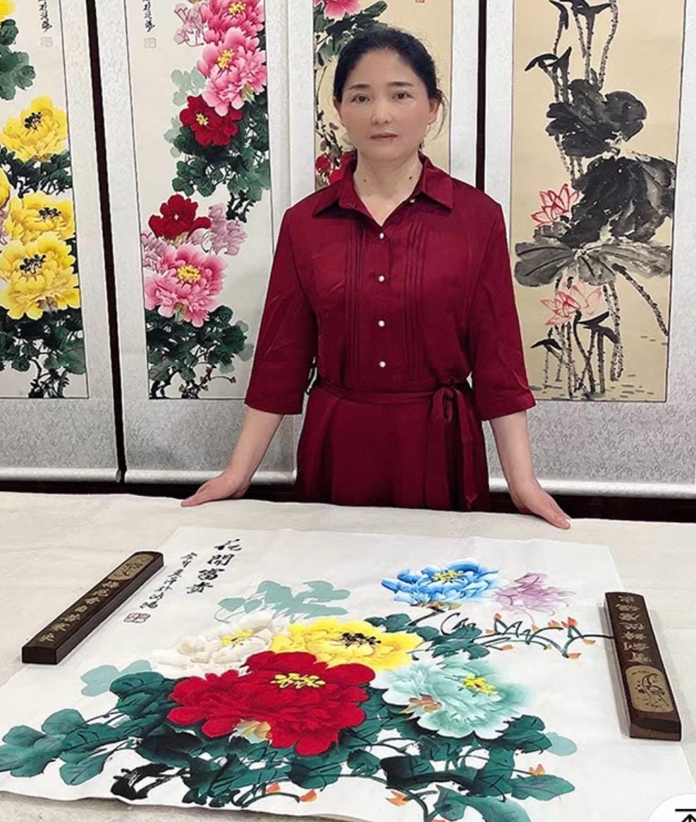Hand-Painted Peony Painting “Blooming Prosperity” on Xuan Paper | Chinese Ink Art | 27×27 in Original