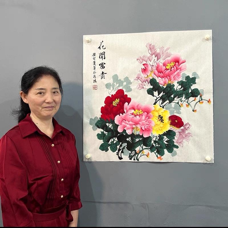 Hand-Painted Peony Painting “Blooming Prosperity” on Xuan Paper | Chinese Ink Art | 27×27 in Original